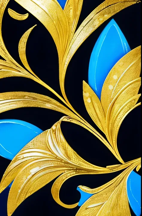 a close up of a painting of blue flowers on a black background, colors with gold and dark blue, beautiful black blue yellow, beautiful detail and color, blue black gold, beautiful color art!, blue and black color scheme)), beautiful design, blue gold and b...