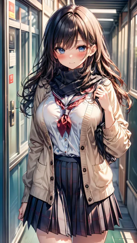 ((masterpiece, sidelighting, finely detailed beautiful eyes: 1.2)), (anatomically collect:1.3), Extremely cute, (extremely detailed beautiful face), (Authentic skin texture:1.4), (station:1.3), (1 high school student girl:1.2), (large breasts:1.2), (slende...