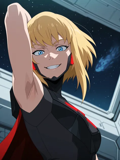 masterpiece, best quality, amazing quality, anime screencap, 1girl, solo, karazorel, blonde hair, blue eyes, short hair, armor, bodysuit, black bodysuit, cape, sleeveless, bare shoulders, bare arms, arm behind head, armpit, head towards viewer, looking at ...