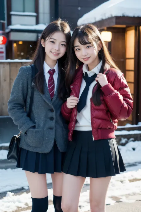 Two girl (20 years old, Japanese pretty face)  is wearing high school uniform with mini skirt at snowy city.