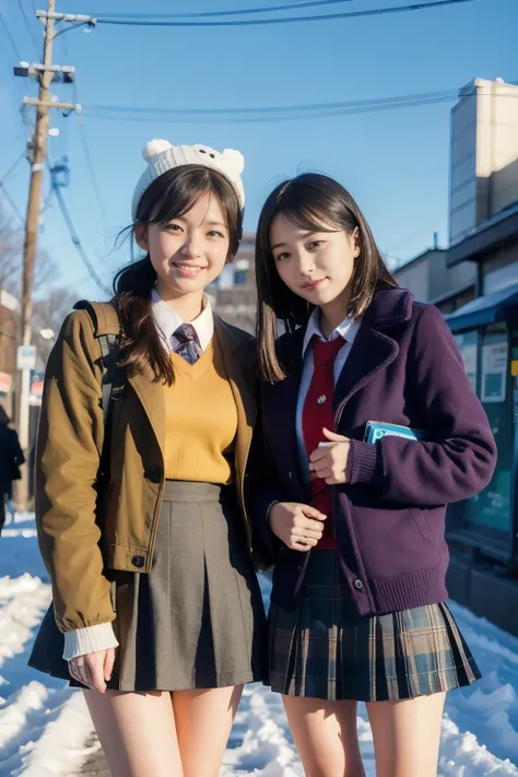 Two girl (20 years old, Japanese pretty face)  are wearing high school uniform with mini skirt at snowy city.