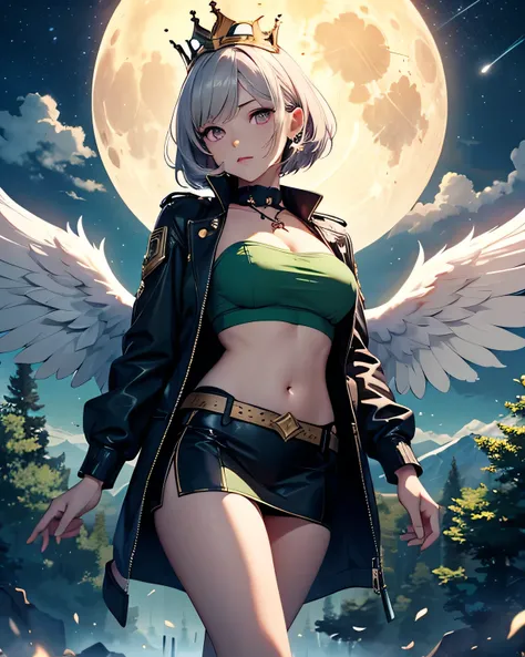 Realistic,fantasy world, I fly through the sky , beauty, Angel, rich breasts, style, light purple eyes ,Narrow eyes,high resolution, Gray Hair,Green highlights, high detail, short bob,mushroom cut, illustration, huge white wings on the back,forest green tu...