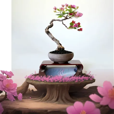 a close up of a บอนไซ tree with pink flowers in a pot, pink บอนไซ tree, lush plants and บอนไซ trees, บอนไซ trees, บอนไซ, บอนไซ tree, made of บอนไซ, japanese flower arrangements, blue and pink บอนไซ tree, บัวกันเกลี้ยง, galactic บอนไซ, บอนไซ tree on roof,  ...