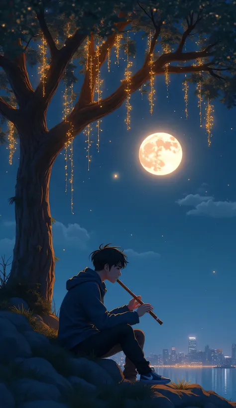 Sad anime guy sitting underneath the glowing tree golden glowing hanging layers stary dark night shine beautifull moon he is looking towards the moon playing flute he is wearing the dark blue jacket and dark black pocket jeans emotional scene sad atmospher...