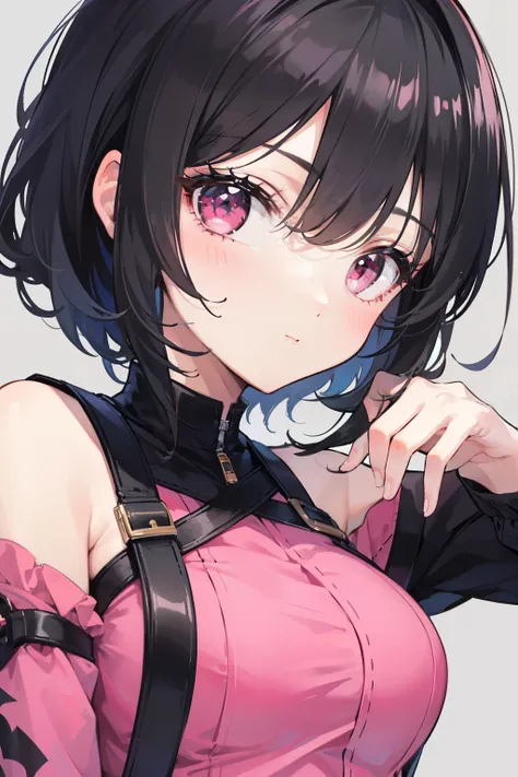 A girl with black hair and pink eyes 