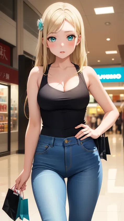 masterpiece, best quality, highly detailed, ultra high res, ayase arisa, 1girl, solo, hair ornament, long blonde hair, glossy lips, medium breasts, aqua eyes, shopping centre, sleeveless top, cleavage, jeans