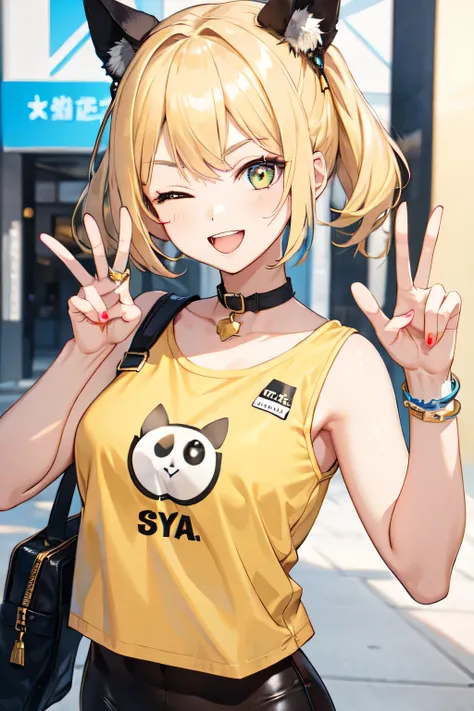 girl,peace sign,blonde,one eye closed,gal style clothing,posing for the camera,yellow clothes,twocolor