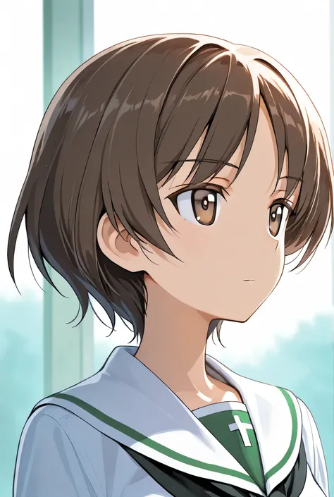 maruyama saki \(girls und panzer\),expressionless,looking afar,1girl,bangs,brown eyes,brown hair,eyebrows visible through hair,ooarai school uniform,short hair,solo,