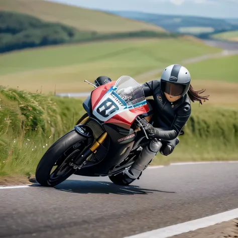 (A young female rider speeds along on a motorcycle)、Vintage Bikes、Bluff Superior SS100、Isle of Man Races、Leather jumper、Cromwell helmet with goggles、After the Rain、English countryside、(Highest quality, masterpiece, High resolution)、8k、wallpaper