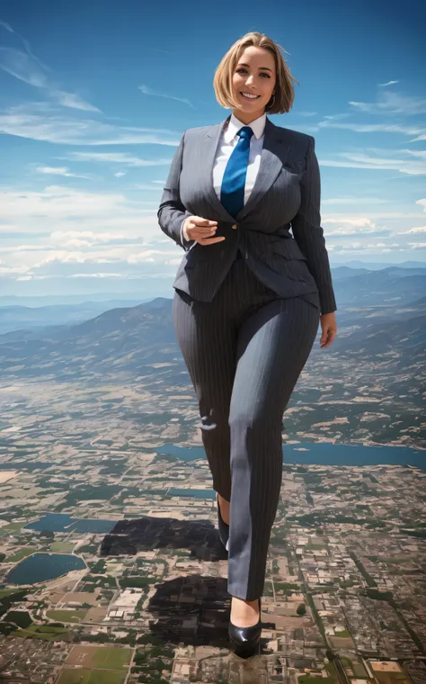 100 km tall giga giantic, curvy young lady with a beautiful smile, bigger than a giant city, curvaceous figure, massive beast, and very short blonde hair, with a curvaceous figure and massive natural breasts. wearing a tailored italian light grey pinstripe...