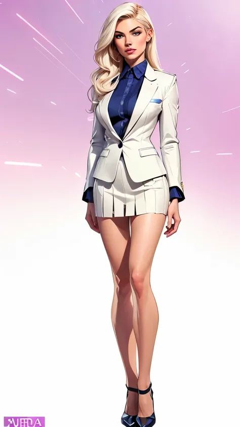 (cartoon style:1.2), cartoon comics style 1.2,Stuning artistic pin-up marina Laswick very very beautiful very sexy,Beautiful skin,blue eyes,very beautiful navy blue shirt under a very beautiful white blazer,very beautiful very generous chest,very beautiful...