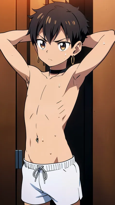 Highres, Masterpiece, Best quality at best,Best Quality,hight quality, hight detailed, Anime style, (s), (showing two armpit:1.3), Navel piercing, Earring, shorts, Shirtless, Topless, Bare chest, Slim body, choker, body full of sweat, Simple beckground, (v...