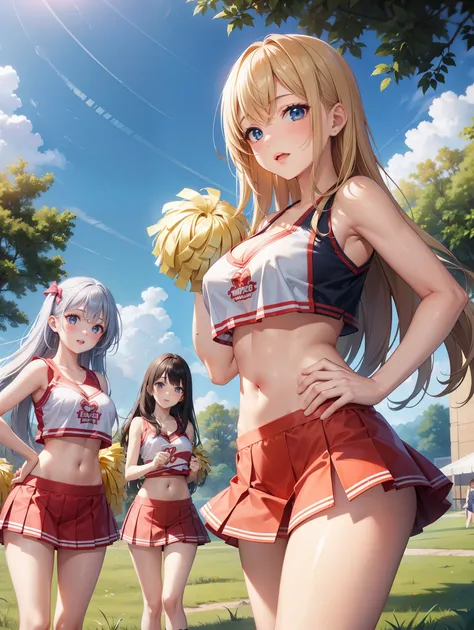 3 girls, multiple girls, Natural lighting, masterpiece, Very detailed, Game CG, Absurd res, high quality, Glossy Lips, grass, cheerleader, midriff, cleavage