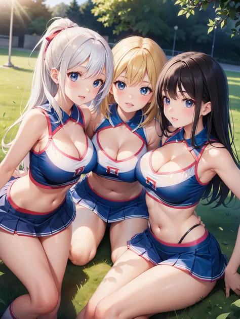 3 girls, multiple girls, Natural lighting, masterpiece, Very detailed, Game CG, Absurd res, high quality, Glossy Lips, grass, cheerleader, midriff, cleavage