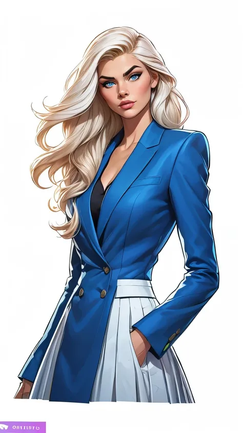 (cartoon style:1.2), cartoon comics style 1.2,Stuning artistic pin-up marina Laswick very very beautiful very sexy, Beautiful skin, blue eyes, very beautiful chest deeply cleavage under a very beautiful navy blue blazer, very beautiful very generous chest,...