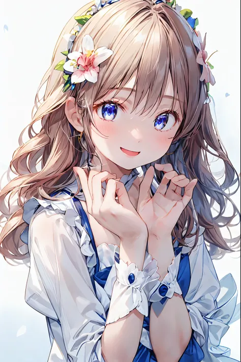  girls on the left、 white background、Background、カールした long hair、 long hair、 curly hair、Contrasting bangs、brown hair on both arms、Sparkling eyes 、 Highlights、flower、Flower crown 、 I have flowers on my hair、 fluffy、、All hairstyles、、smile、cute、Background