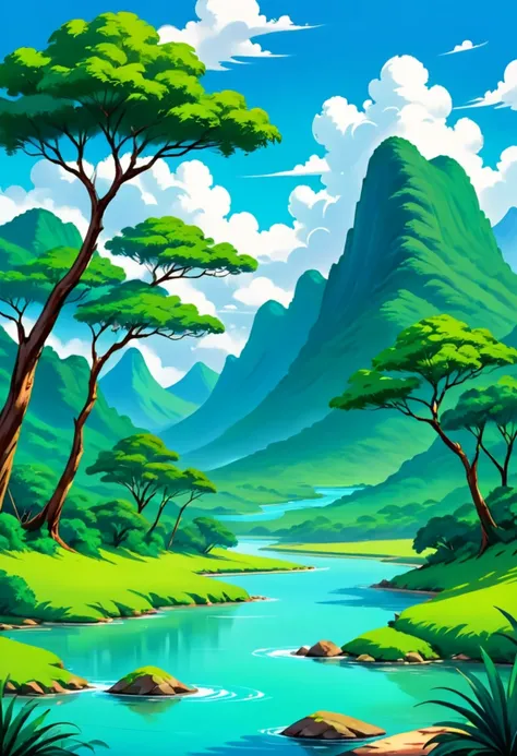 Beautiful green savannah, green trees, pristine river water, bluish mountain, ⛅, soft thin white cloud, vivid colours, artwork, state of art