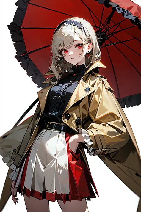 best quality,highly detailed,masterpiece,ultra-detailed,solo,(Delicate eyes),(white background:1.3),red eyes,standing,beltskirt,[trench coat:20],jewelry, mole_under_eye, looking_at_viewer, frilled_hairband,earrings