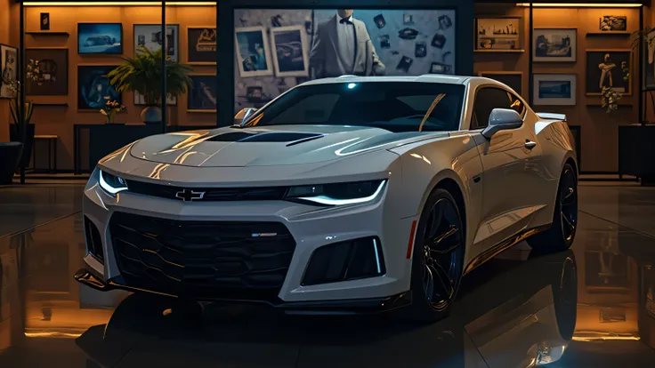 Chevrolet Camaro SS in the showroom with cinematic effects as the camera moves slowly closer to the Chevrolet emblem on the hood, Showroom lighting reflections create a stunning illusion of depth.  
