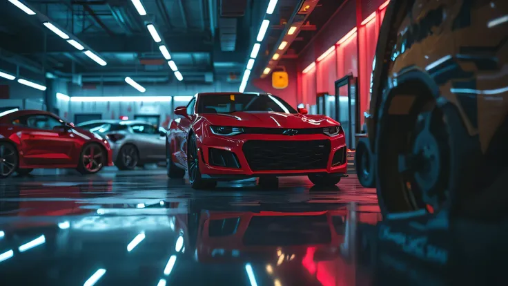 Chevrolet Camaro SS in a modern showroom with a cinematic effect from low angles, Showroom LED lighting creates dramatic reflections in the car body, Aerodynamic lines are clearly visible with contrasting light gradations.  
