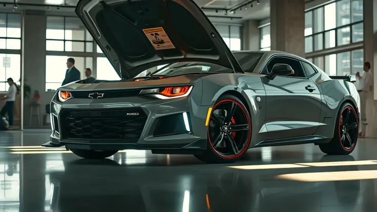 Chevrolet Camaro SS in the showroom with a cinematic effect as the hood slowly opens, exposes the gleaming V8 engine under modern showroom lighting, Reflective shadows add dramatic visual depth.  
