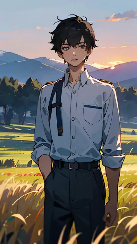  high school student、17-Year-Old Boy 。Tall、With a slightly muscular figure、Black hair is kept short。uniforms are worn properly。The background is fields and mountains.々。Under the sunset、