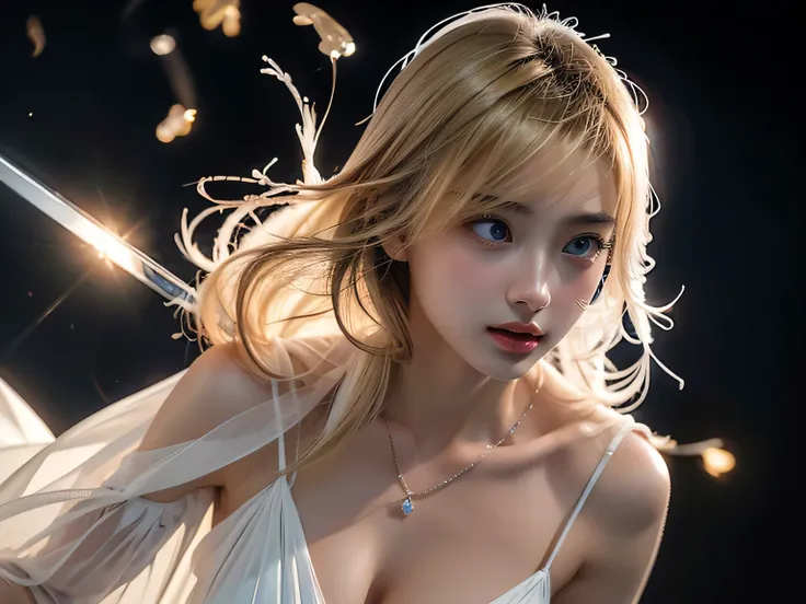  masterpiece, top quality , 8k, photorealistic, high resolution,  1 girl,  alone, ( detail face ), blondes, 超絶 beautiful girl , gem、Glowing Skin, it's a dress that fits the shape of the chest、The whole thing is made of silk, and、 another dimensional shiny ...