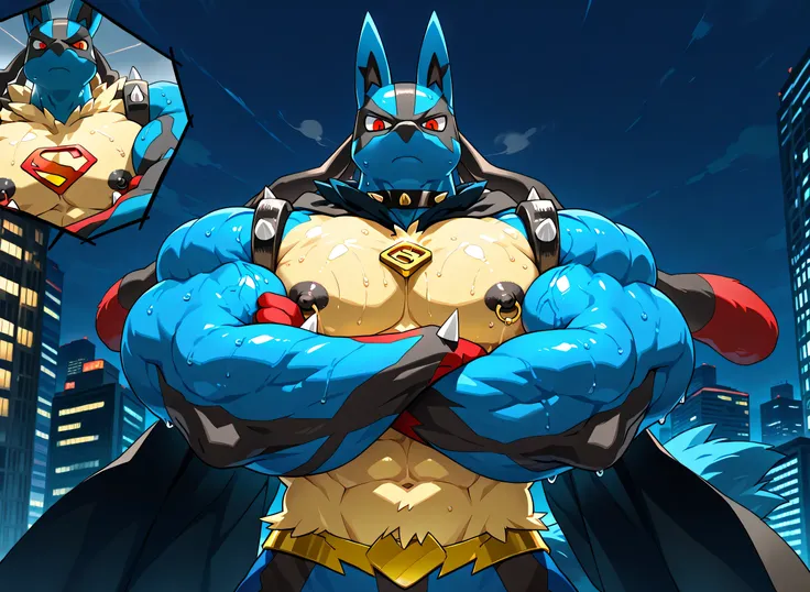 kemono, by null-ghost, by zixiong, solo, male, tail, Mega Lucario, anthro, black nipples, big nipples, gold nipple rings, sweaty, handsome, broad shoulders, broad chest, huge muscular, posing, thick neck, thick arms, blue arms, pectorals crushing city, bed...