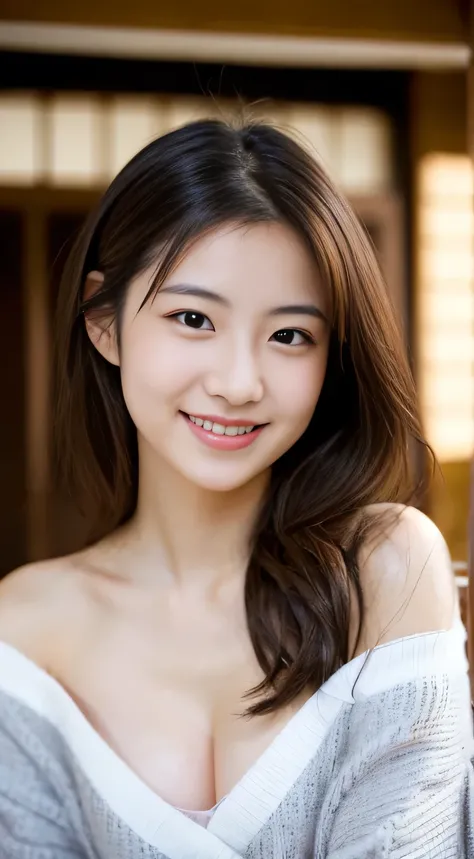 masterpiece,best quality,(Japanese girl),((Beautiful girl)),cleavage,(off shoulder:1.2),(perfect body beauty:1.2),(shy smile),From slightly above