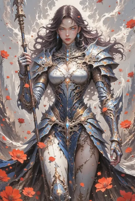 intense and thrilling scene, Legendary female warrior,  maximizing realistic rendering . covered in an elegant fish scale pattern, she stood confidently ,Peerless Beauty， Her perfect figure wears elaborate silver and blue armor, Covered with an elegant fla...