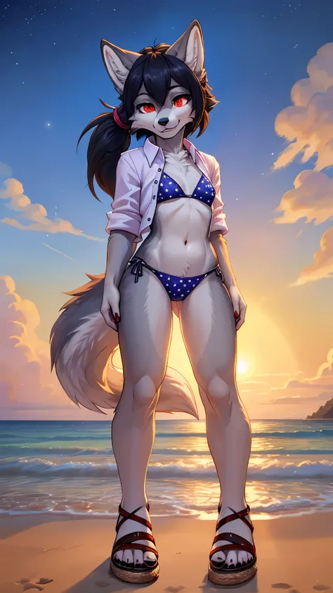 score_9, score_8_up, score_7_up, 1girl, solo, masterpiece, best quality, amazing quality, very aesthetic, absurdres, source furry, furry wolf, half closed eyes, red eyes, two tone body fur, grey body fur, white body fur, black hair, hair covering one eye, ...