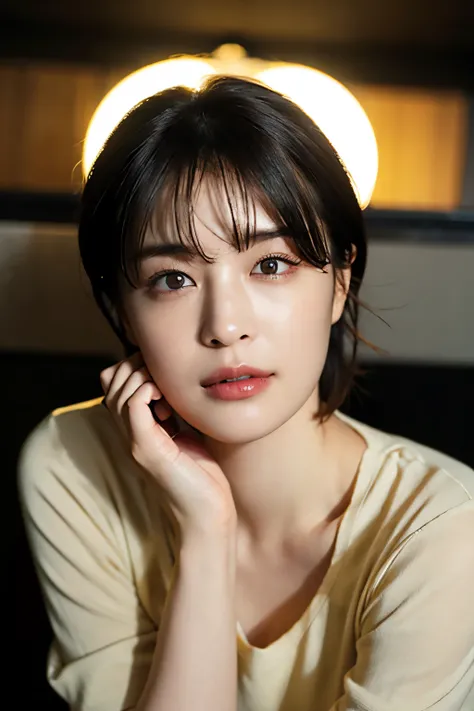 (In 8K, TOP QUALITY, masterpiece:1.2), (realistic, Photorealistic:1.37), very well detailed, natural light, medium breasts, hiding my nose and mouth with both hands, 1 person, 35-year-old woman , black hair, short hair, ( looking up from below), on...