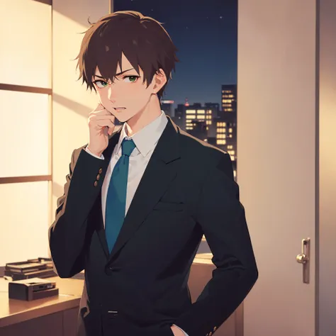 hand on own chin, (at night:1.5), standing, masterpiece, best quality, Japanese manga style, upper body, (25 year old male: 1.5) and (short brown hair) and (green eyes), (Wearing a suit: 1.3) and (blue tie), (worried:1.3), open mouth, inside office room, a...