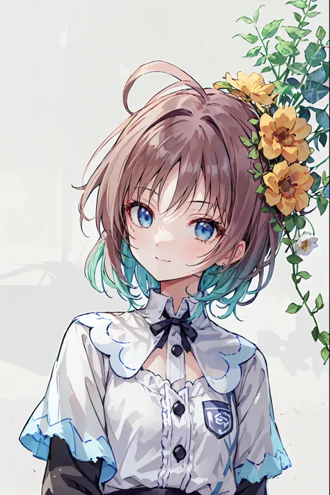  girls on the left、 white background、Background、カールした long hair、 long hair、 curly hair、Contrasting bangs、brown hair on both arms、Sparkling eyes 、 Highlights、flower、Flower crown 、 I have flowers on my hair、 fluffy、、All hairstyles、、smile、cute、Background