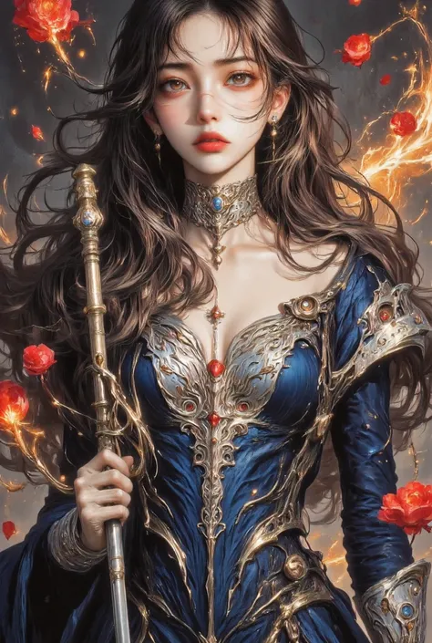 intense and thrilling scene, Legendary female warrior,  maximizing realistic rendering . covered in an elegant fish scale pattern, she stood confidently ,Peerless Beauty， Her perfect figure wears elaborate silver and blue armor, Covered with an elegant fla...