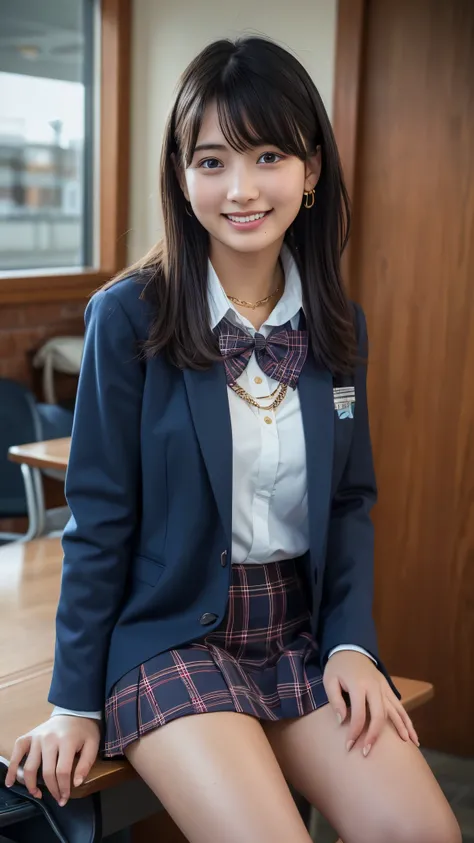 (Highest quality, 4K, High resolution, masterpiece, Genuine, Realistic, Realistic:1.3), (upper body), Girl sitting on desk in a school changingroom and touching mini skirt, make clenched fist out in front of body, blue bow tie uniform, Dark Blown Blazer, b...