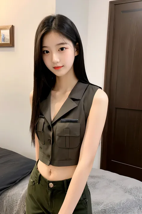 19 years Old young South Korean girls, beauty face, elegant face, thin, long sleek straight hair style, lipstick, night, brown skin color, Girl With a perfect figure, weight 33kg, wearing a bulletproof vest, wearing gray military clothing and tight militar...