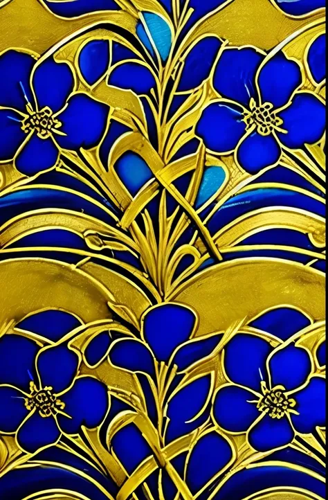 a close up of a painting of blue flowers on a black background, an airbrush painting by Laura Wheeler Waring, flickr, art nouveau, colors with gold and dark blue, beautiful black blue yellow, beautiful detail and color, blue black gold, blue and black colo...