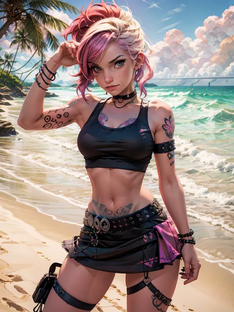 Best quality, photorealistic, 8k, masterpiece, A beautiful woman, small chest, with a tattoo on her arm, tattoo sleeve on her right arm and neck, tattoos and piercings, beautiful female punk,red and purple hair, choker, heavy bracelets, pastel clothes, bea...