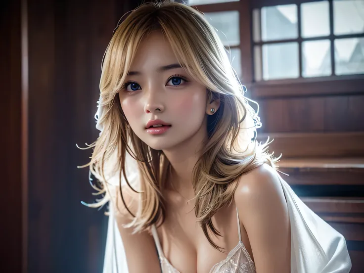  masterpiece, top quality , 8k, photorealistic, high resolution,  1 girl,  alone, ( detail face ), blondes, 超絶 beautiful girl , gem、Glowing Skin, it's a dress that fits the shape of the chest、The whole thing is made of silk, and、 another dimensional shiny ...