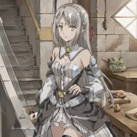 NSFW, Draw the character from the waist up. The figure is a topless. small breasts. gray hair,  long hair, yellow eyes staring at,   crown braid.