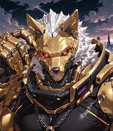  masterpiece,best quality,high quality, Ultra High Resolution ,year 2025,cyberpunk style,semi-realistic style,Mechanical style,(Muscular,Big muscles, attractive male :1.1),alone,alone, bust portrait :1.5,1male,furry,wolf,gold body,Sharp wolf ears, delicate...