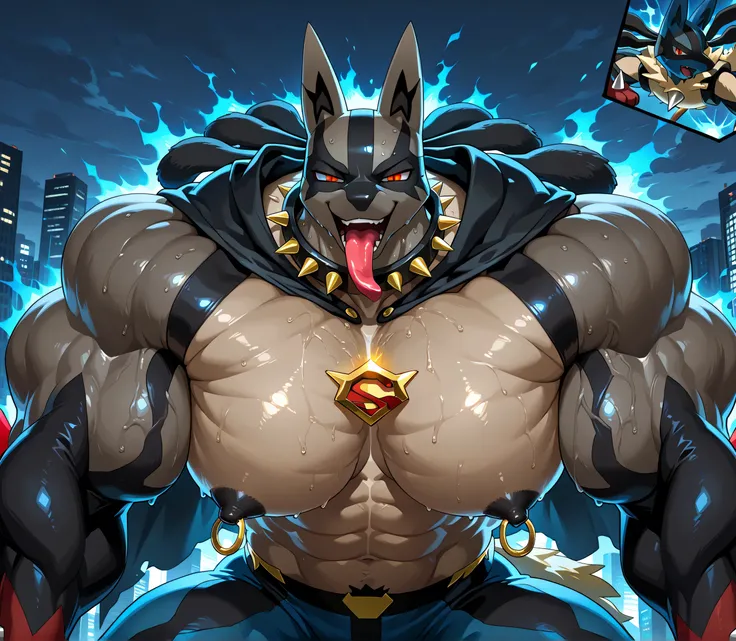 kemono, by null-ghost, by zixiong, solo, male, tail, Mega Lucario, anthro, black nipples, big nipples, gold nipple rings, sweaty, handsome, broad shoulders, broad chest, huge muscular, posing, thick neck, thick arms, grabbing pectorals himself, half closed...