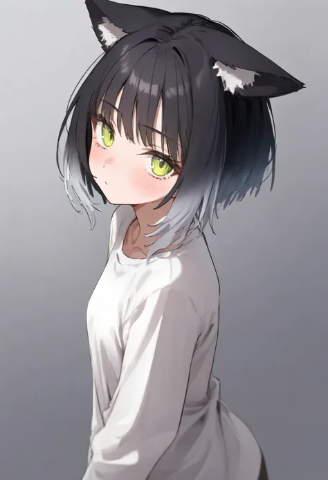 aruhshura,  masterpiece, best quality, very awa, year 2024, newest, highres, absurdres, short, with cat ears, black hair, [(gradient hair from silver to black:1.4):0.4], short hair, looking at viewer