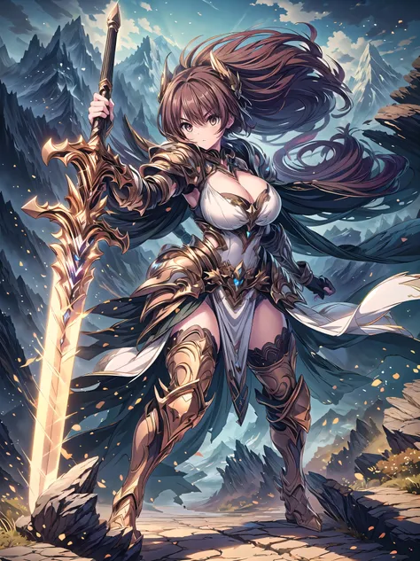 (((masterpiece, best quality, high detailed, 16k))), A girl holding a sword in her hand, female goddess, Ornate Sword, earth element divine sword, Planted Sword, (close-up of sword), brown eyes, brown hair, big breasts, white bikini dress, white cloak, pow...