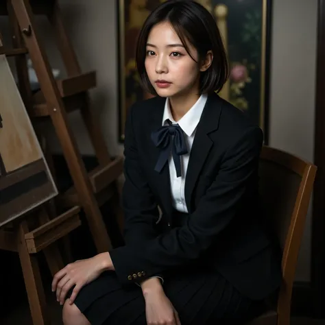 Dramatic Scenes , shadow, Global Illumination, alone, retro female student photo :1.331, A female student in the art club:1.331, realistic, Beautiful Japanese woman's face, In the art room:1.5, Sit on a chair, She is painting in oil on an easel canvas:1....