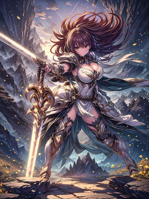 (((masterpiece, best quality, high detailed, 16k))), A girl holding a sword in her hand, female goddess, Ornate Sword, earth element divine sword, Planted Sword, (close-up of sword), brown eyes, brown hair, big breasts, white bikini dress, white cloak, pow...