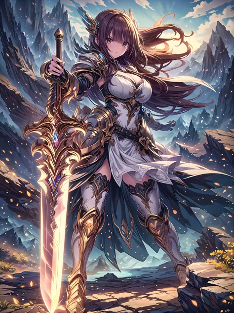 (((masterpiece, best quality, high detailed, 16k))), A girl holding a sword in her hand, female goddess, Ornate Sword, earth element divine sword, Planted Sword, (close-up of sword), brown eyes, brown hair, big breasts, white bikini dress, white cloak, pow...