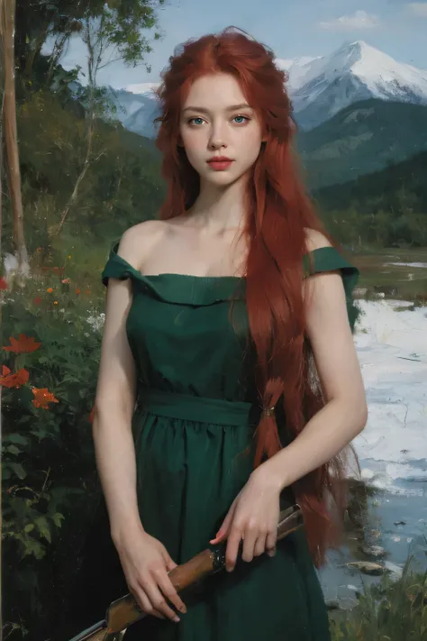 (oil painting:1.5),
\\
a woman with (red long curtly hair ), ((green eyes)) winter, mountain a field of  flowers, (amy sol:0.248), nude , with blue dress,  (stanley artgerm lau:0.106), (a detailed painting:0.353), (gothic art:0.106)