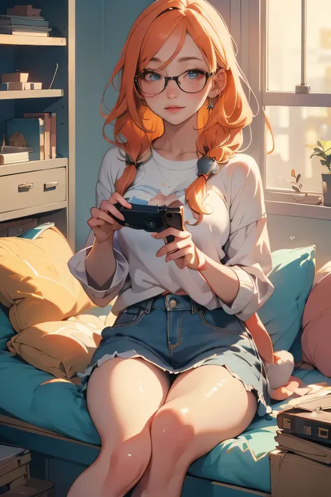 A beautiful anime girl, gaming on a Playstation controller, wearing glasses, passionate about anime, (best quality,4k,8k,highres,masterpiece:1.2),ultra-detailed,(realistic,photorealistic,photo-realistic:1.37),intricate details,stunning 3D rendering,vibrant...